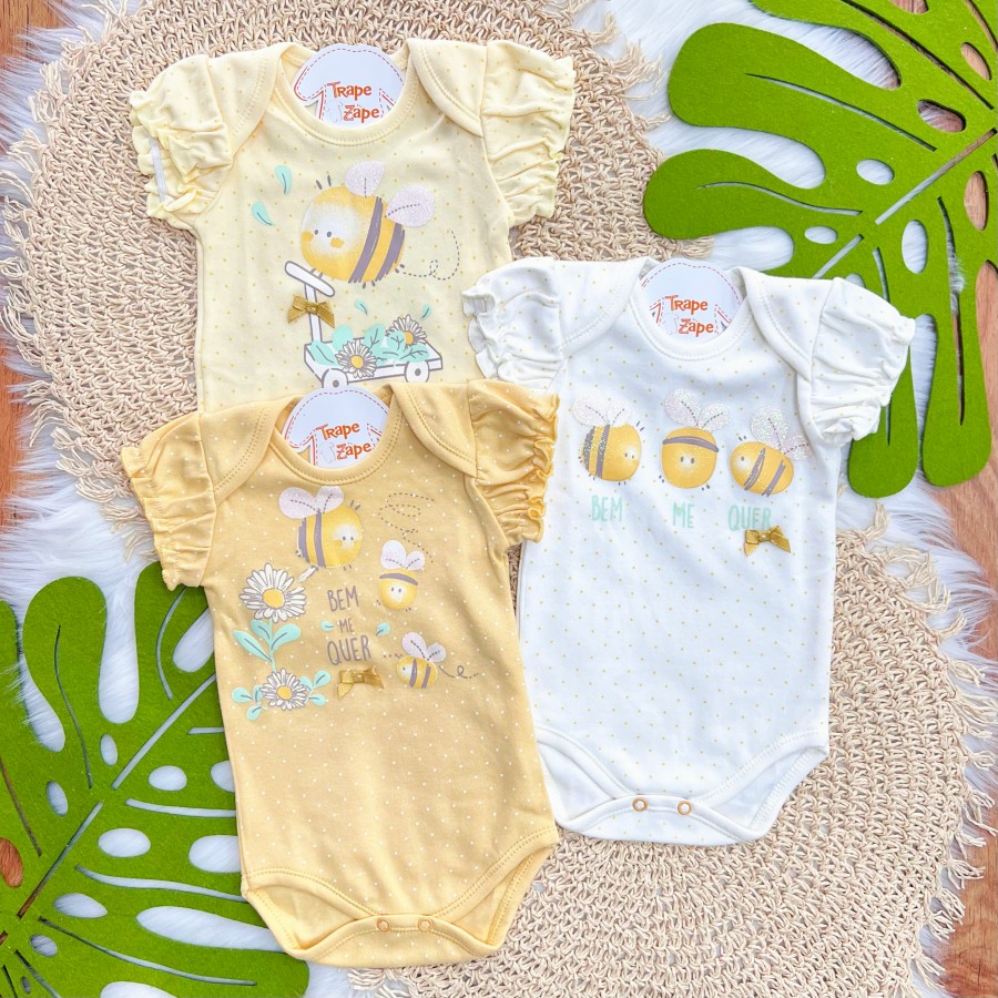 Kit 3 Peças - Bodys Manga Curta Bem Me Quer Abelhas - Amarelo, Off White e Mostarda